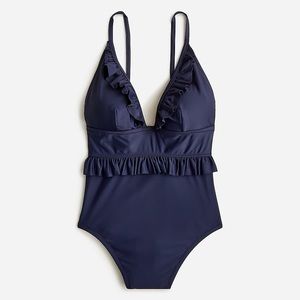NWT J. Crew Long-Torso Ruffle Plunge V-Neck One-Piece Bathing Suit Size 8 Navy